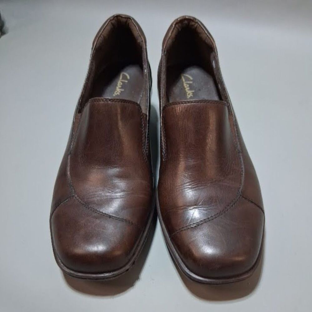 Clarks Brown Leather Slip On Loafers Size 10M Comfort Low Wedge Shoes 88803 - Picture 5 of 7